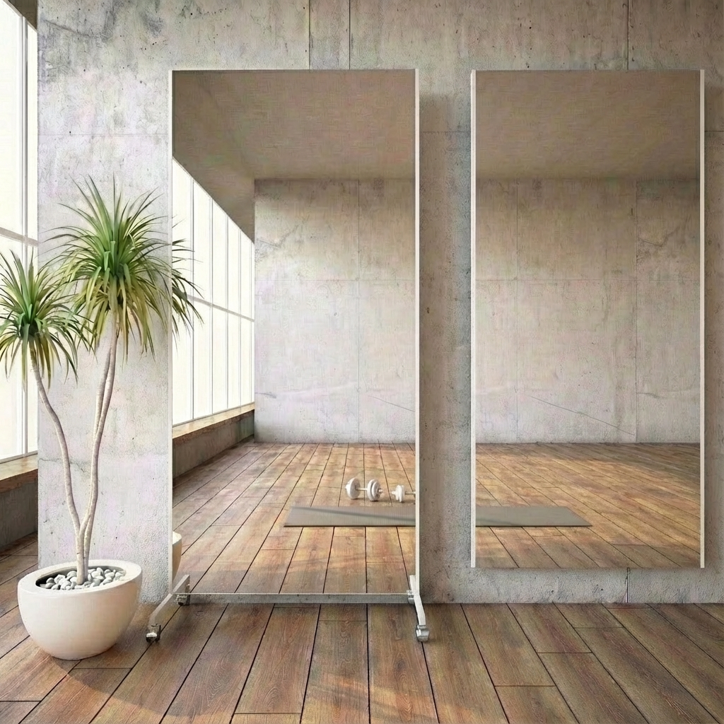 Bruchsichere & ultraleichte Spiegelwand - mit montierbaren Rollen