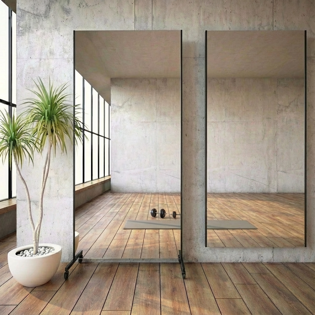 Bruchsichere & ultraleichte Spiegelwand - mit montierbaren Rollen