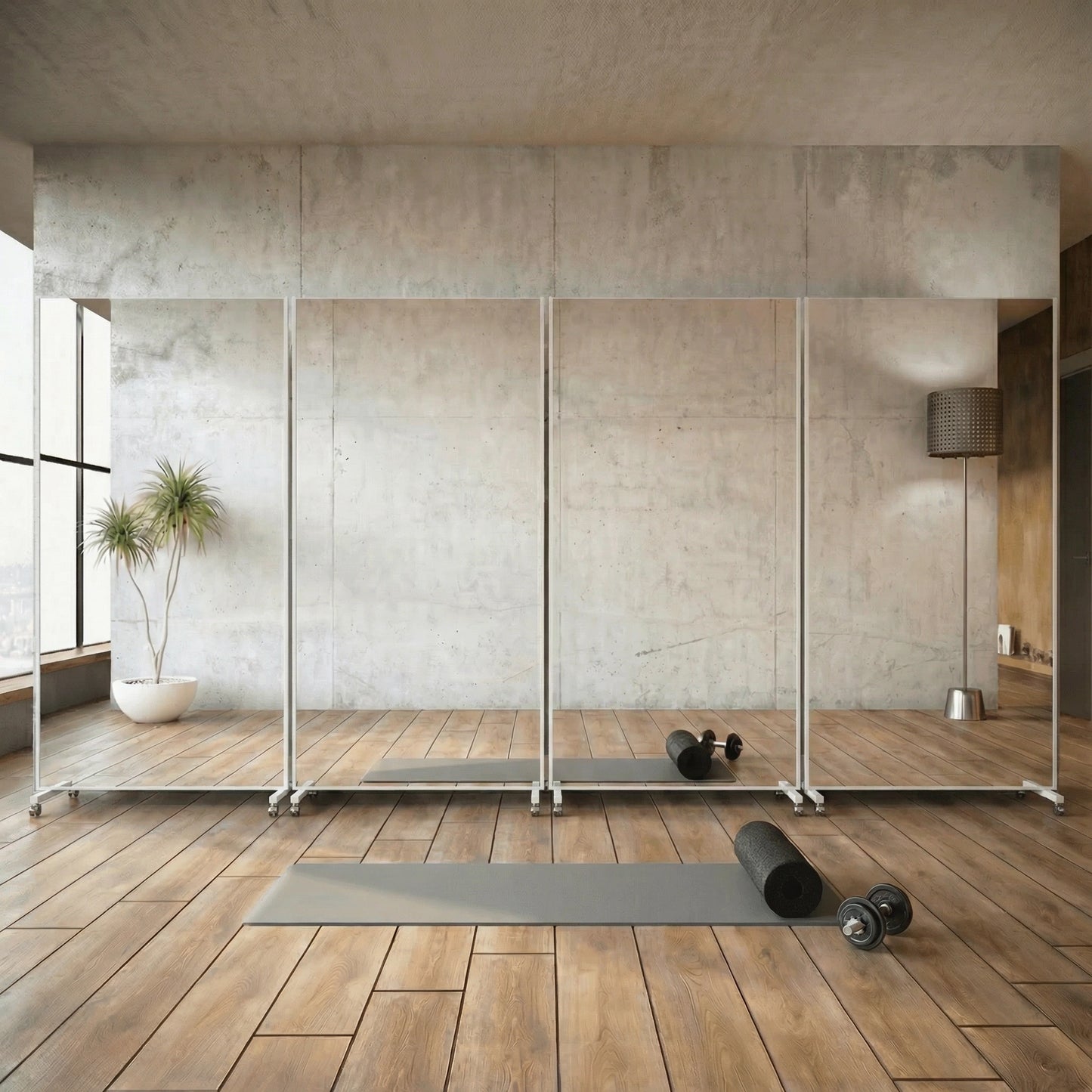 Shatter-proof &amp; ultra-light mirror wall - with mountable castors