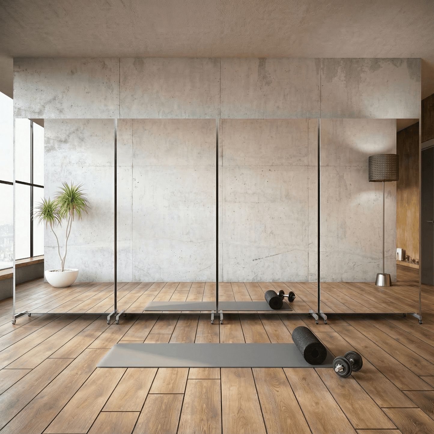 Bruchsichere & ultraleichte Spiegelwand - mit montierbaren Rollen