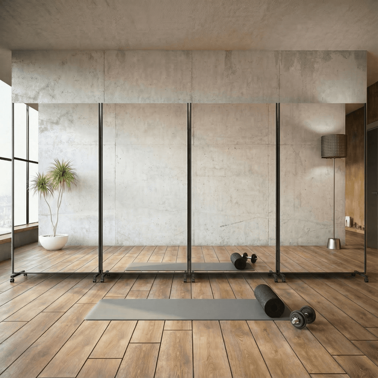 Bruchsichere & ultraleichte Spiegelwand - mit montierbaren Rollen