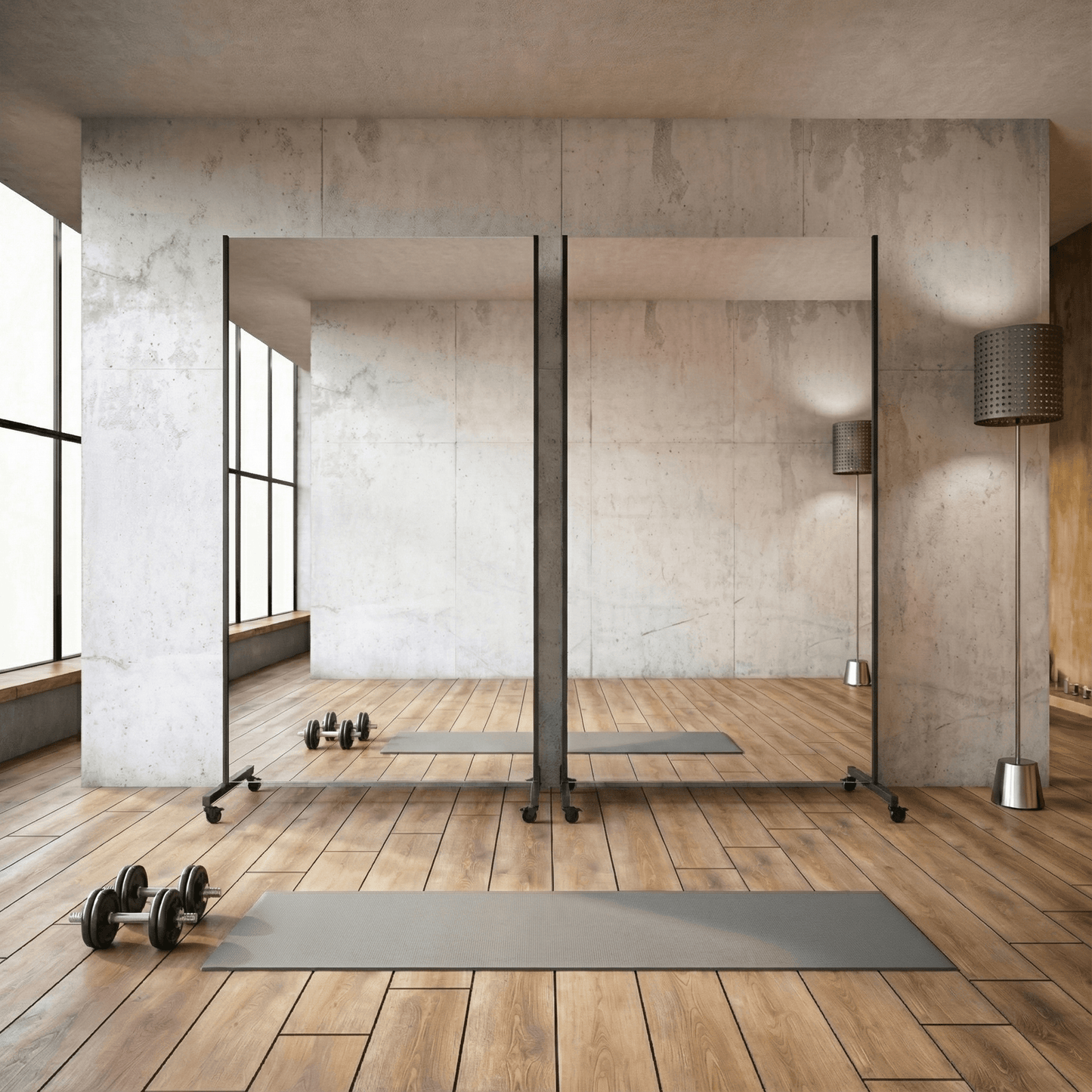 Bruchsichere & ultraleichte Spiegelwand - mit montierbaren Rollen