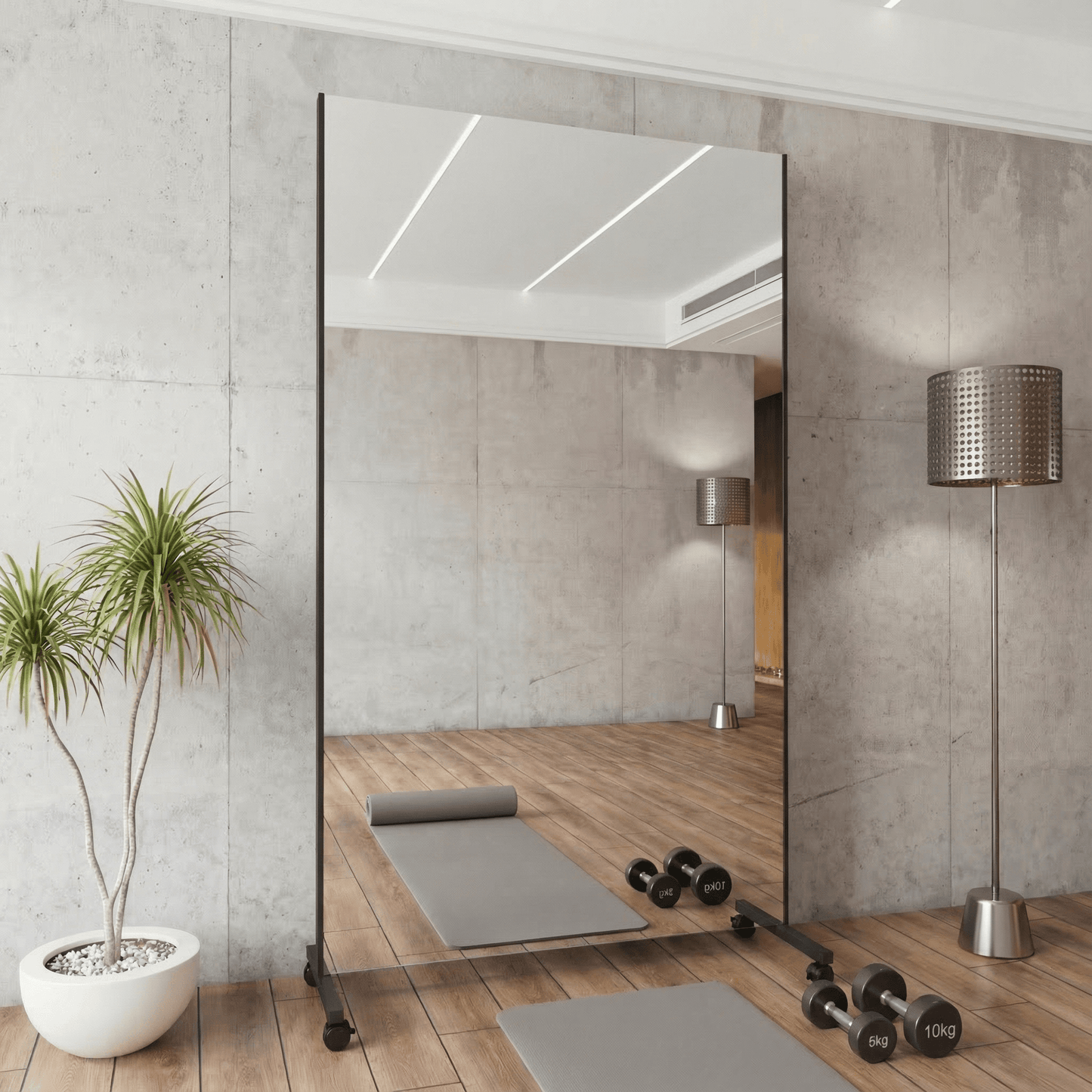 Bruchsichere & ultraleichte Spiegelwand - mit montierbaren Rollen