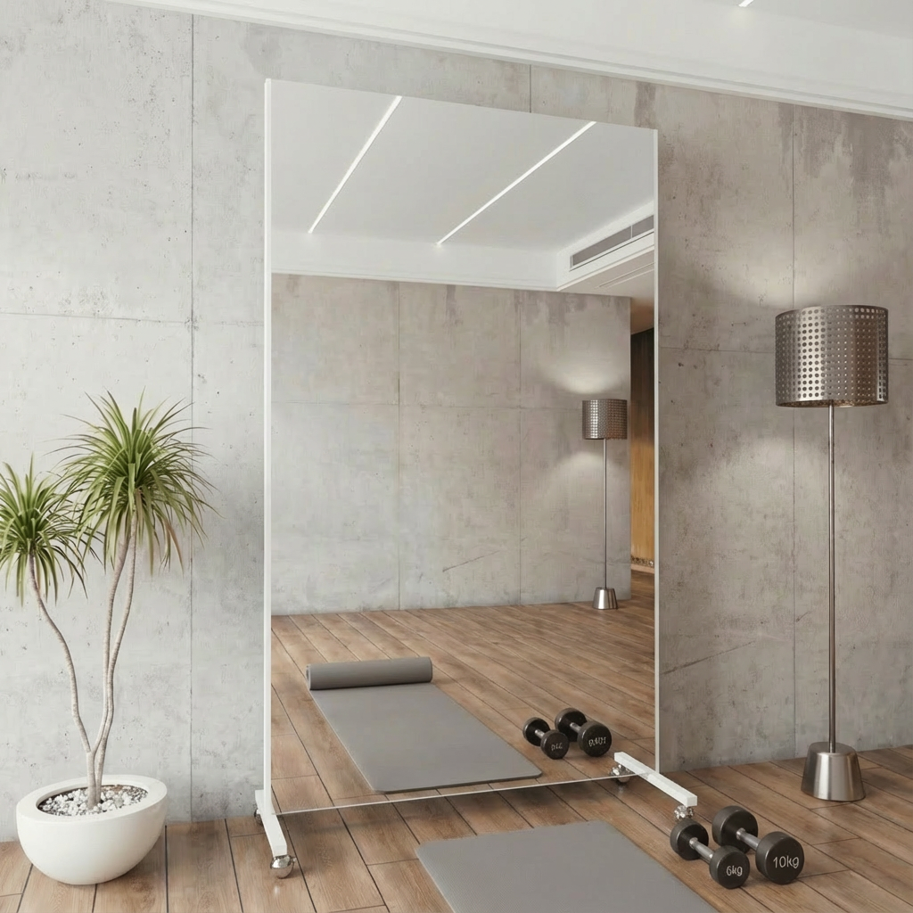 Bruchsichere & ultraleichte Spiegelwand - mit montierbaren Rollen