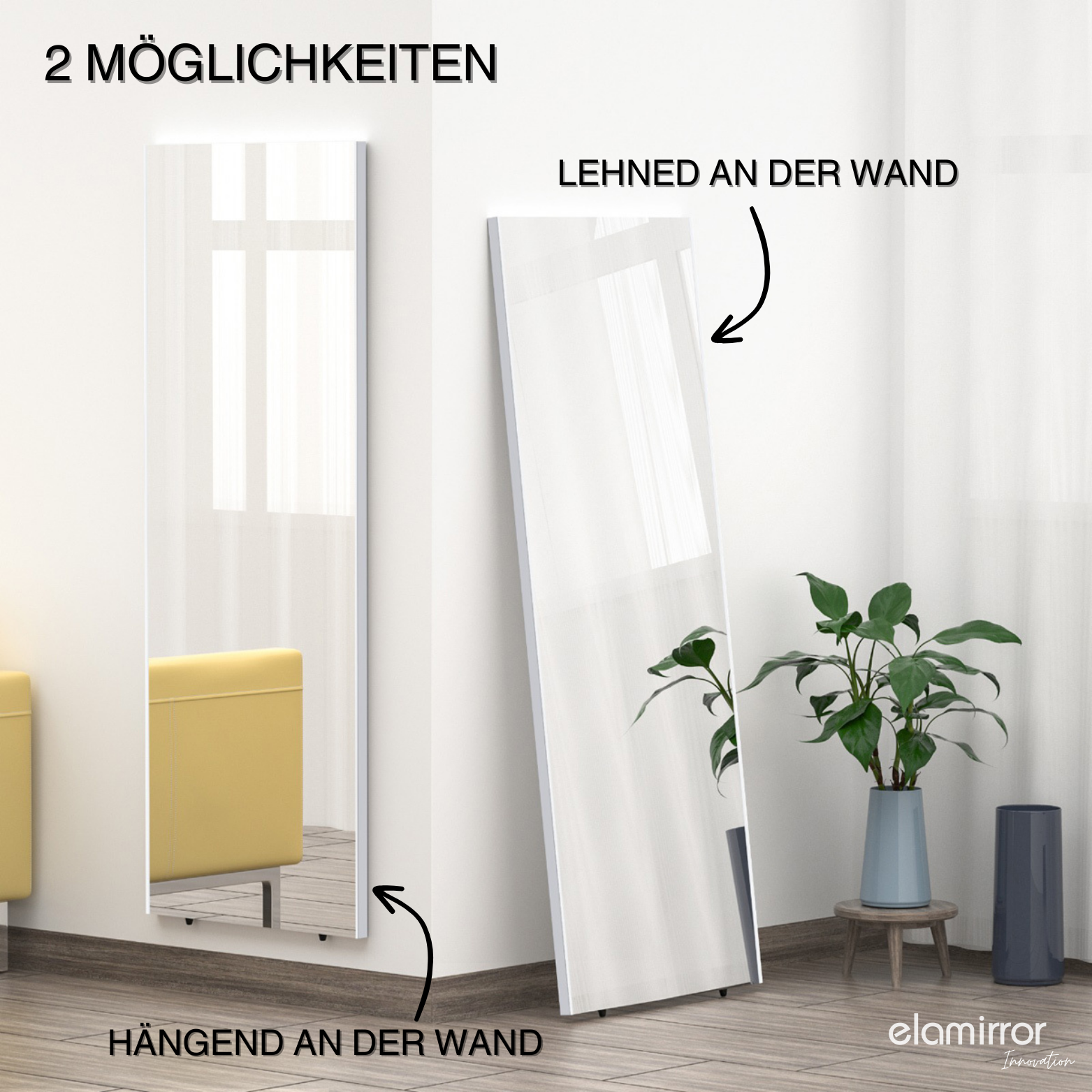 Bruchsicherer Ganzkörperspiegel mit zwei Aufstellmöglichkeiten: hängend an der Wand oder an die Wand gelehnt, modernes Design.