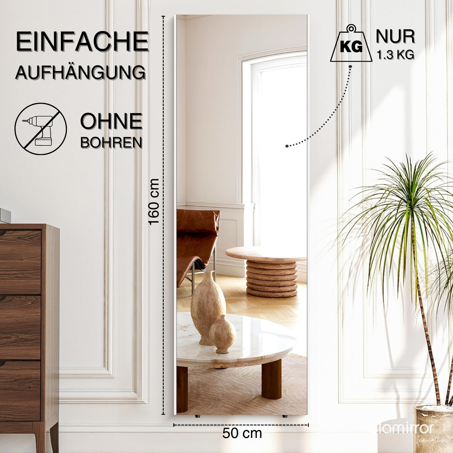 Bruchsicherer Ganzkörperspiegel mit einfacher Aufhängung ohne Bohren, nur 1,3 kg leicht, in einem modernen Wohnraum.