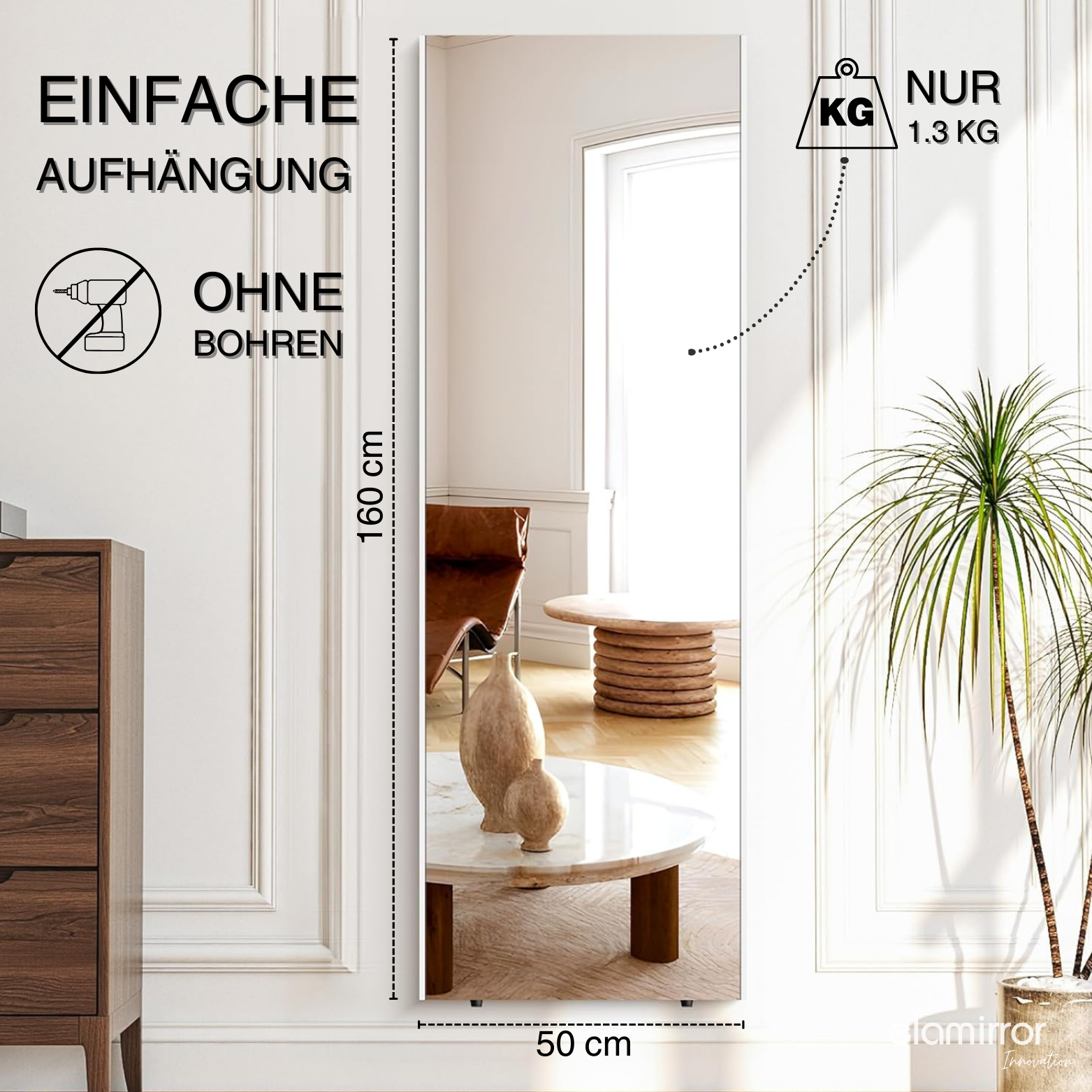 Bruchsicherer Ganzkörperspiegel mit einfacher Aufhängung ohne Bohren, nur 1,3 kg leicht, in einem modernen Wohnraum.