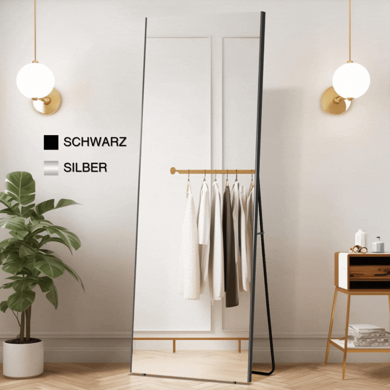 Bruchsicherer Ganzkörperspiegel in Schwarz oder Silber, stilvoll in einem modernen Raum aufgestellt.