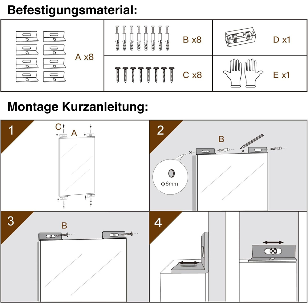 Montageanleitung für den bruchsicheren Ganzkörperspiegel mit Befestigungsmaterial und Schritt-für-Schritt-Anleitung zur Wandmontage.